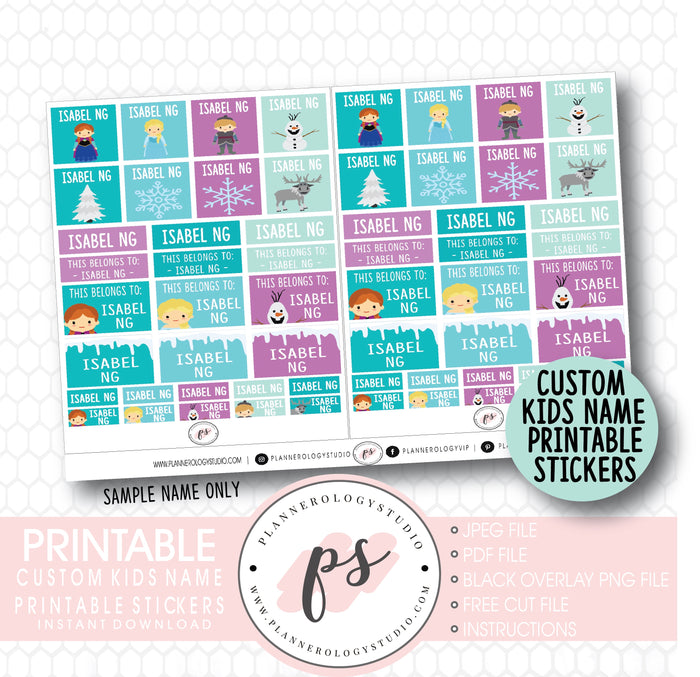 Disney Frozen Inspired Custom Customised Kids Name Digital Printable Label Stickers - Plannerologystudio