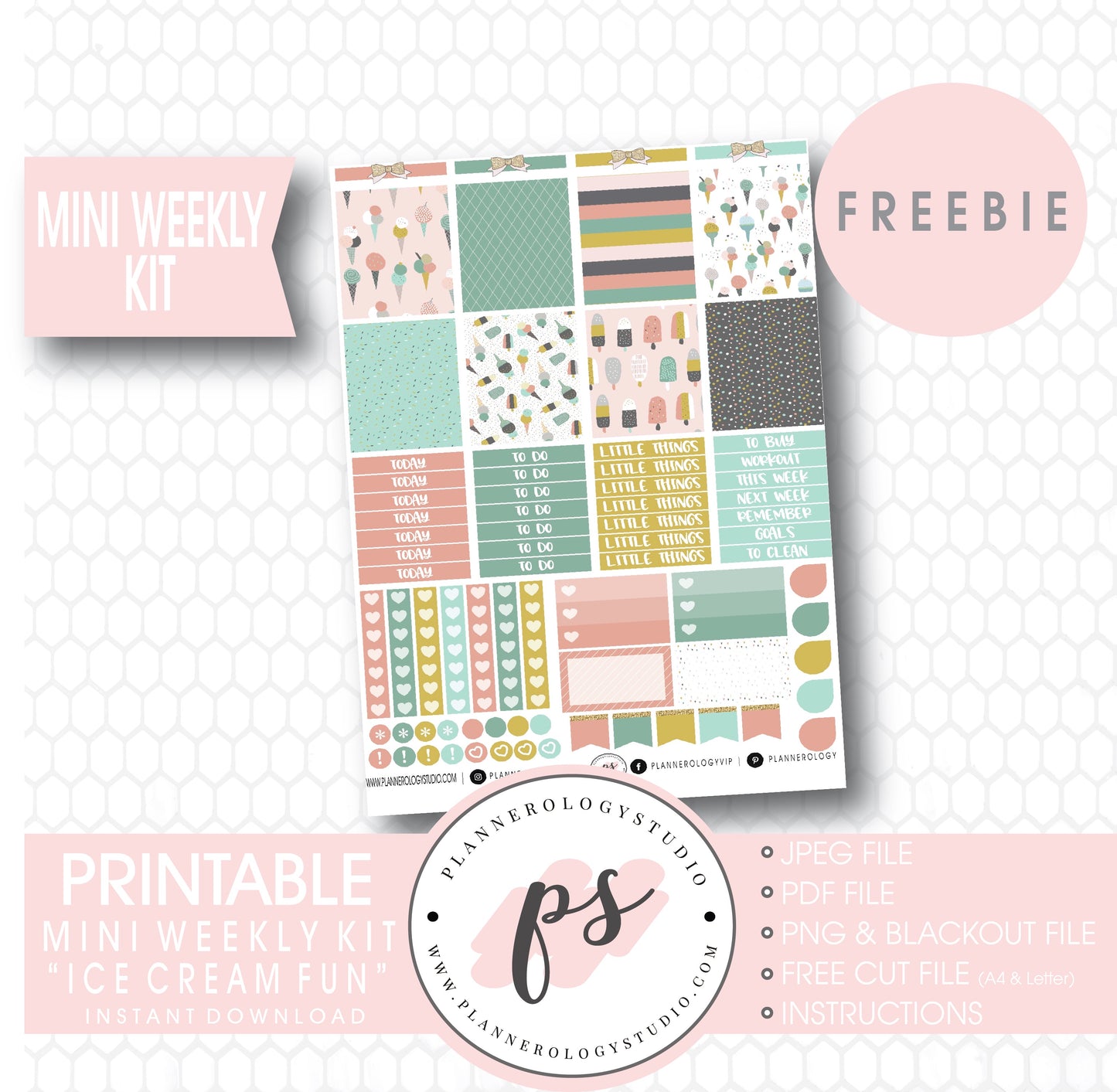 Ice Cream Fun Mini Sampler Kit Digital Printable Planner Stickers (PDF/JPG/PNG/Silhouette Cut File Freebie)