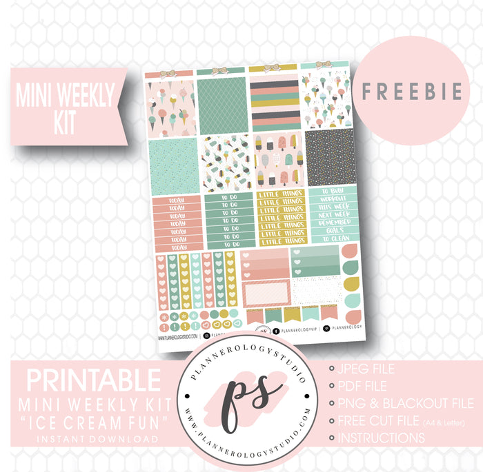 Ice Cream Fun Mini Sampler Kit Digital Printable Planner Stickers (PDF/JPG/PNG/Silhouette Cut File Freebie)