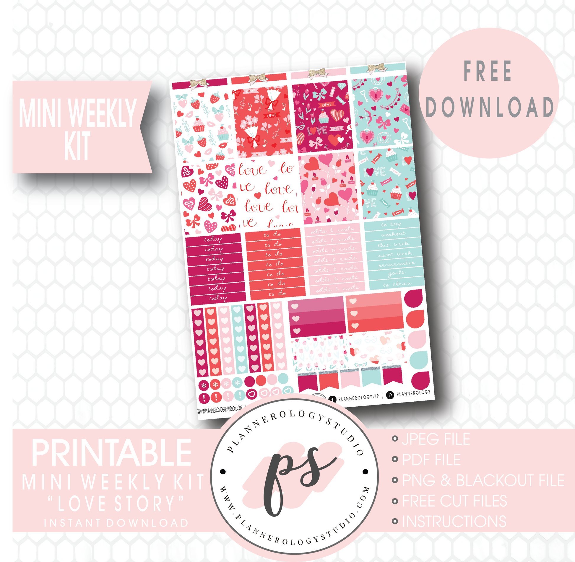Love Story (Valentine's Day) Mini Sampler Kit Digital Printable Planner Stickers (PDF/JPG/PNG/Silhouette Cut File Freebie) - Plannerologystudio