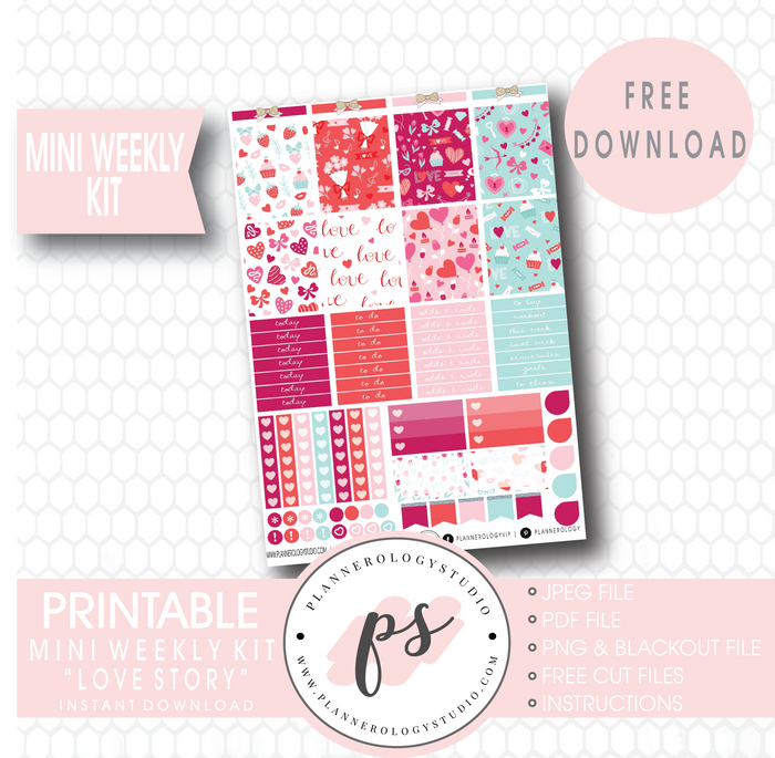 Love Story (Valentine's Day) Mini Sampler Kit Digital Printable Planner Stickers (PDF/JPG/PNG/Silhouette Cut File Freebie) - Plannerologystudio