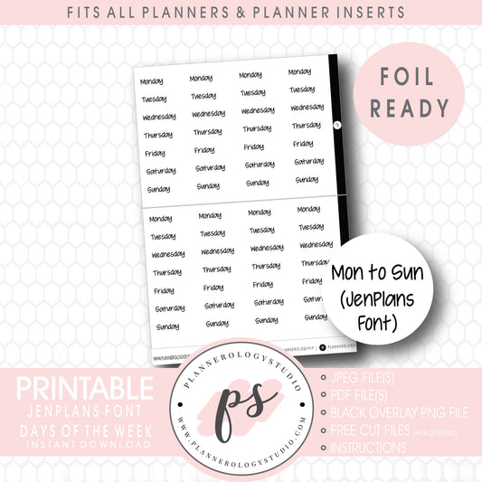 JenPlans Font Days of the Week (Monday to Friday) Script Digital Printable Planner Stickers (Foil Ready)