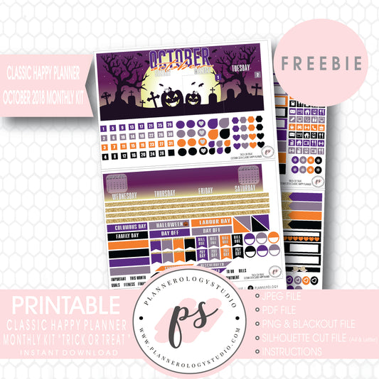 Trick or Treat Halloween Classic Happy Planner October 2018 Monthly Kit Digital Printable Planner Stickers (PDF/JPG/PNG/Silhouette Cut File Freebie) - Plannerologystudio