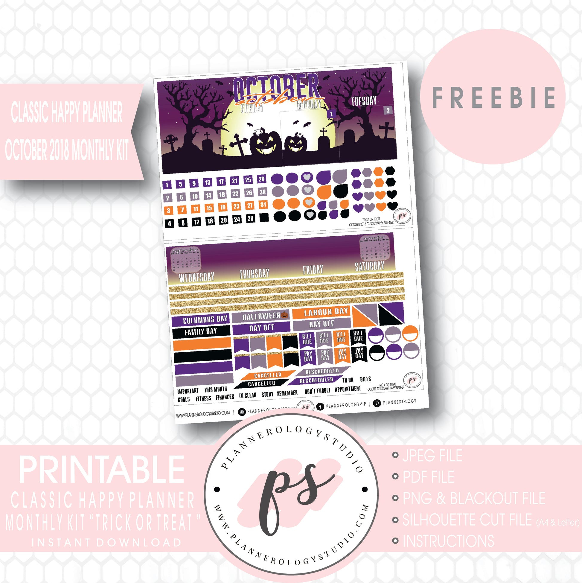 Trick or Treat Halloween Classic Happy Planner October 2018 Monthly Kit Digital Printable Planner Stickers (PDF/JPG/PNG/Silhouette Cut File Freebie) - Plannerologystudio