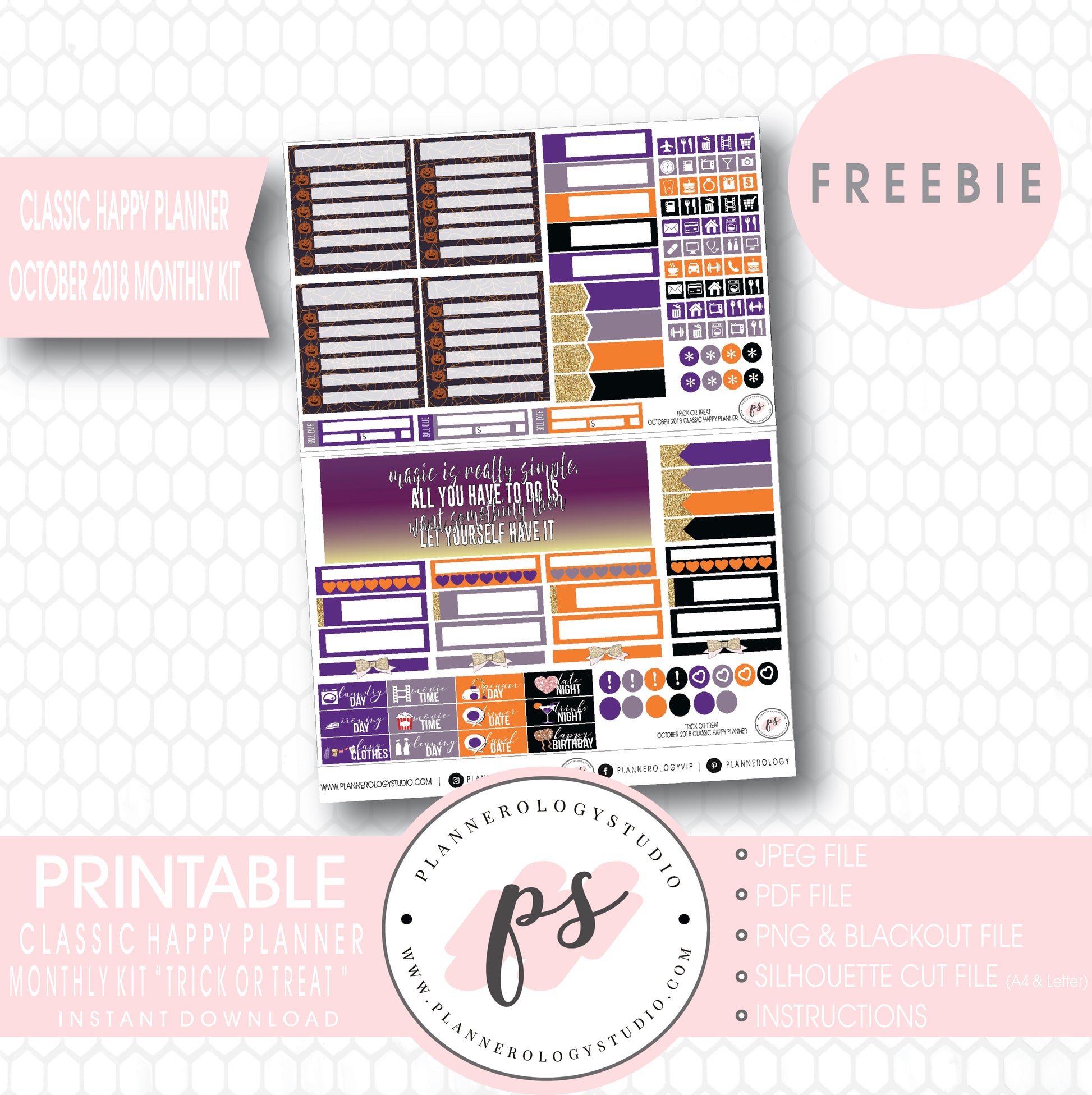 Trick or Treat Halloween Classic Happy Planner October 2018 Monthly Kit Digital Printable Planner Stickers (PDF/JPG/PNG/Silhouette Cut File Freebie) - Plannerologystudio