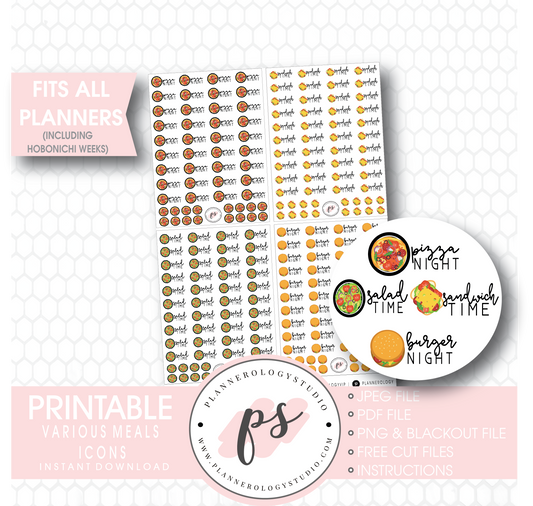 Various Meals Icons (Pizza Night, Sandwich Time, Salad Time, Burger Night) Digital Printable Planner Stickers - Plannerologystudio