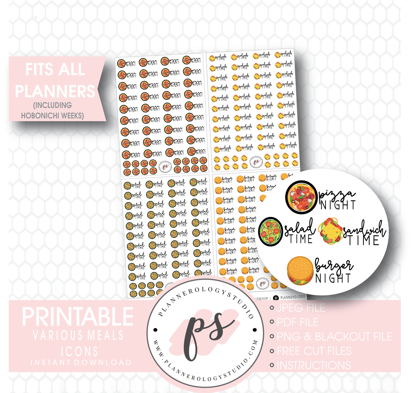 Various Meals Icons (Pizza Night, Sandwich Time, Salad Time, Burger Night) Digital Printable Planner Stickers - Plannerologystudio