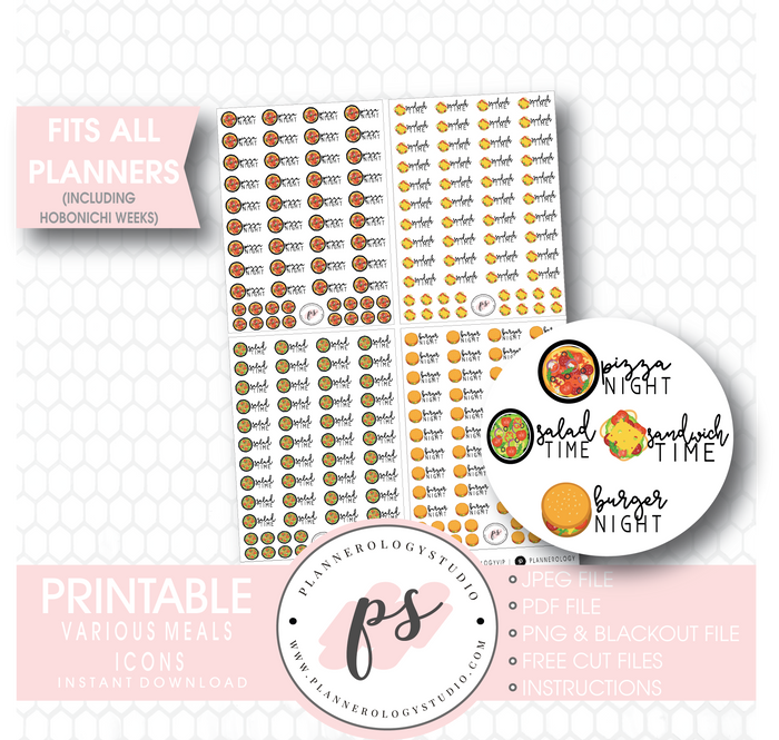 Various Meals Icons (Pizza Night, Sandwich Time, Salad Time, Burger Night) Digital Printable Planner Stickers - Plannerologystudio
