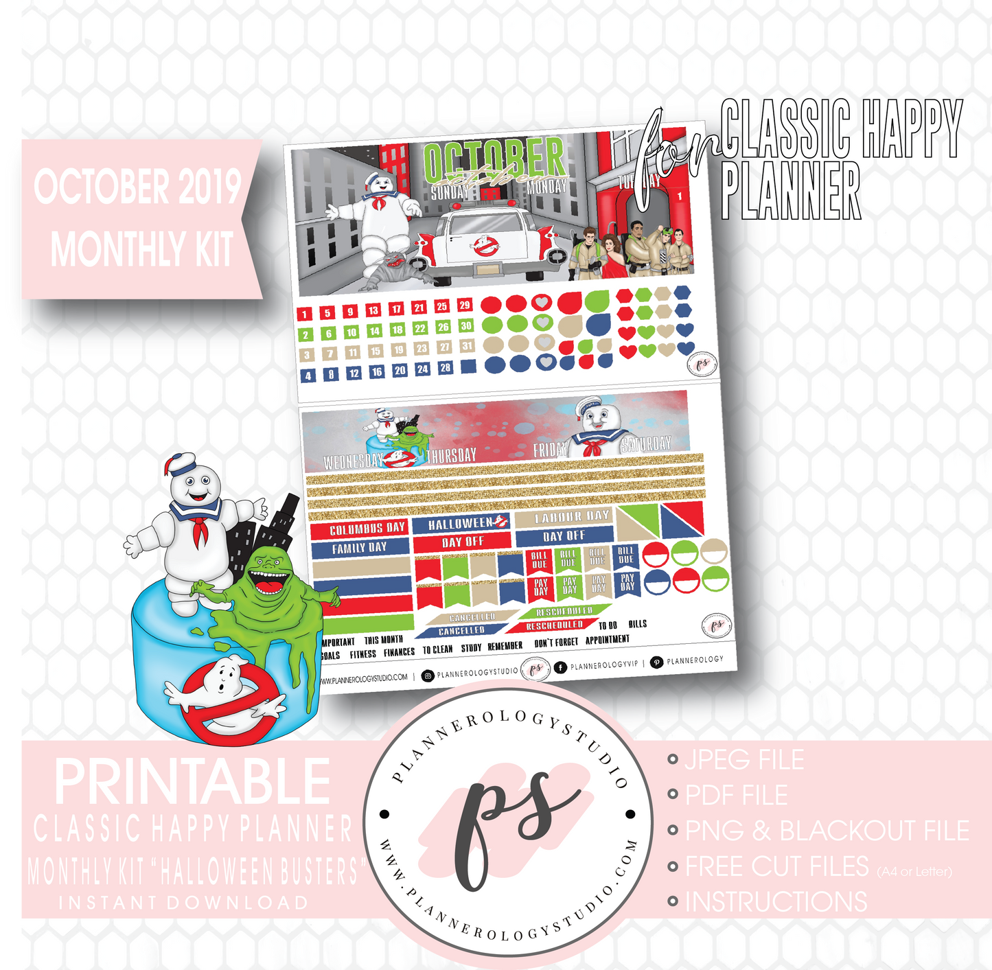 Halloween Busters October 2019 Monthly View Kit Printable Planner Stickers (for use with Classic Happy Planner) - Plannerologystudio