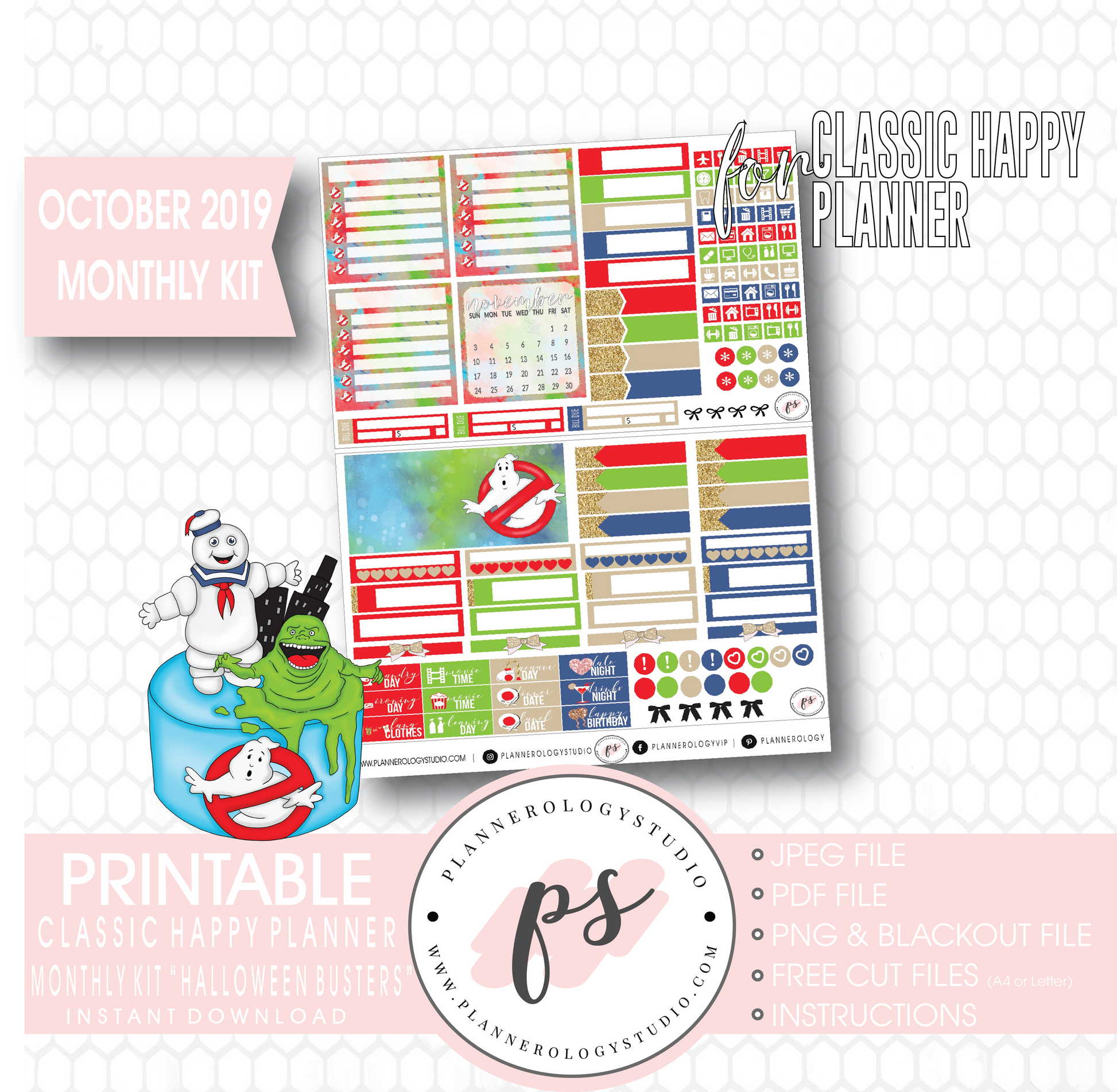 Halloween Busters October 2019 Monthly View Kit Printable Planner Stickers (for use with Classic Happy Planner) - Plannerologystudio