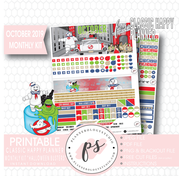 Halloween Busters October 2019 Monthly View Kit Printable Planner Stickers (for use with Classic Happy Planner) - Plannerologystudio