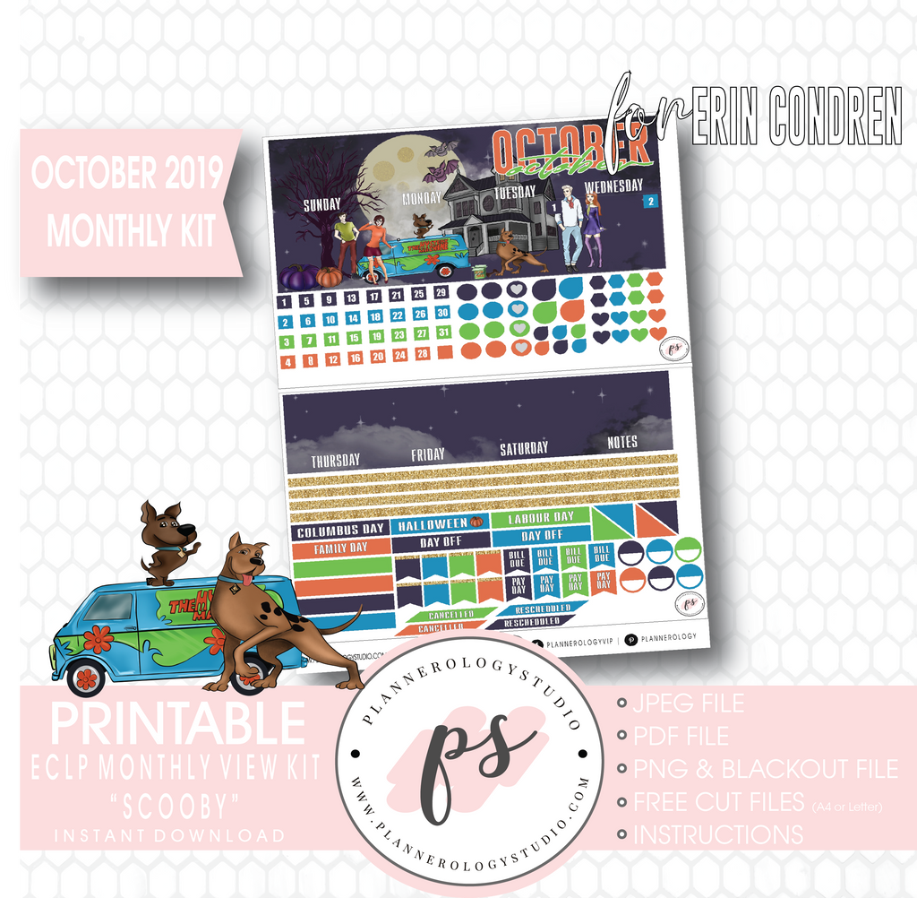 Scooby Halloween October 2019 Halloween Monthly View Kit Printable Planner Stickers (for use with Erin Condren) - Plannerologystudio