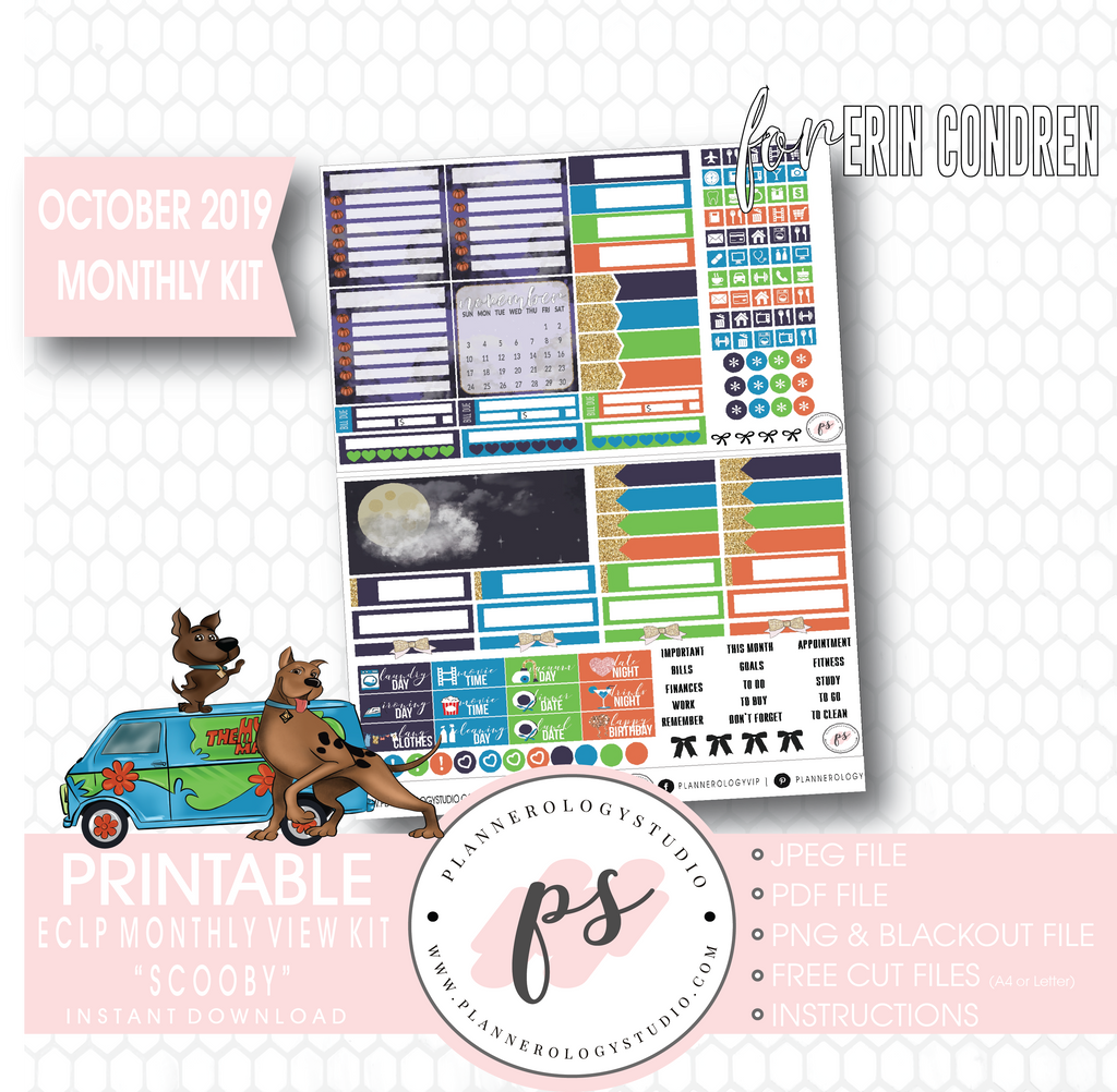 Scooby Halloween October 2019 Halloween Monthly View Kit Printable Planner Stickers (for use with Erin Condren) - Plannerologystudio