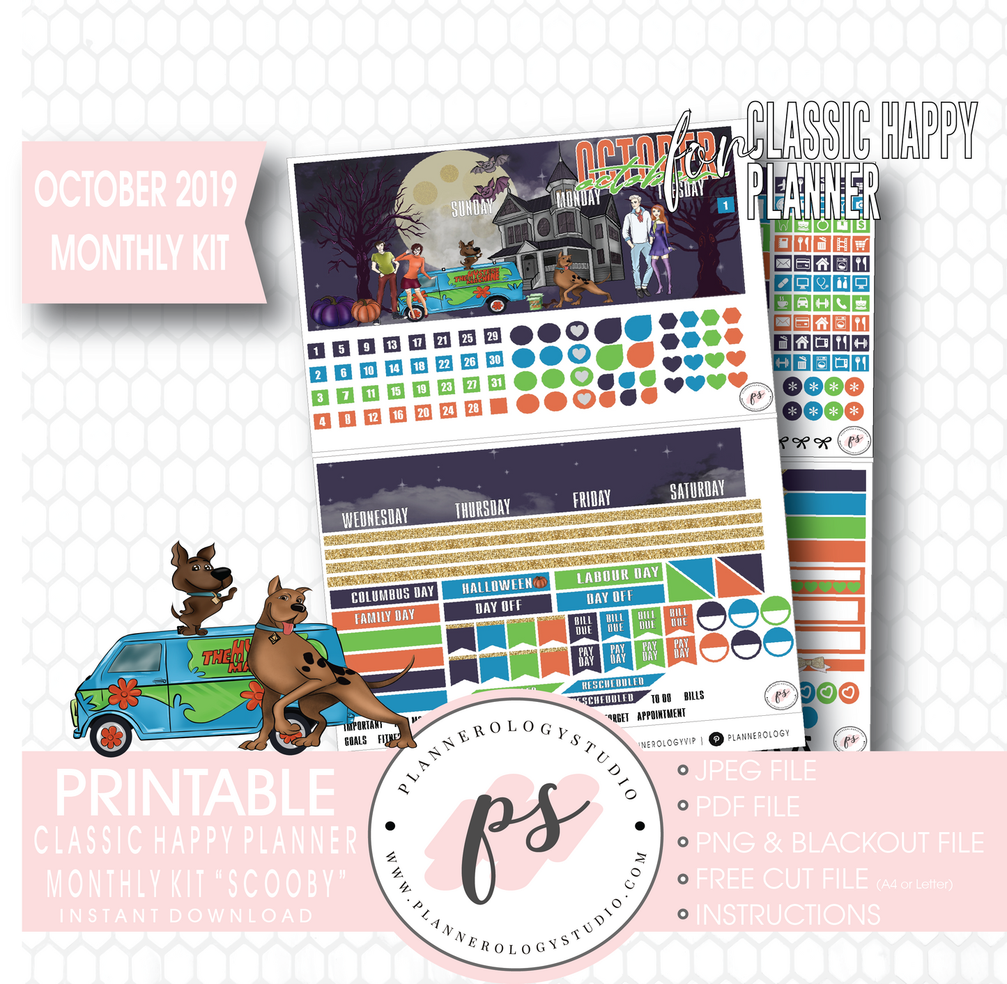 Scooby Halloween October 2019 Halloween Monthly View Kit Printable Planner Stickers (for use with Classic Happy Planner) - Plannerologystudio