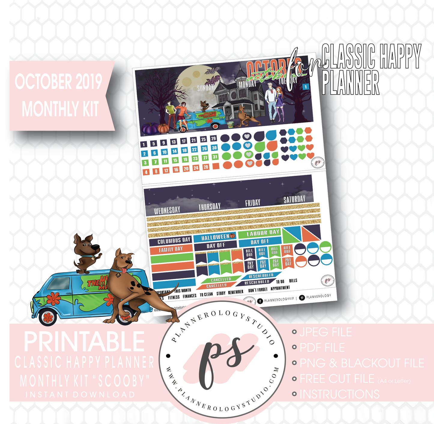 Scooby Halloween October 2019 Halloween Monthly View Kit Printable Planner Stickers (for use with Classic Happy Planner) - Plannerologystudio