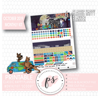 Scooby Halloween October 2019 Halloween Monthly View Kit Printable Planner Stickers (for use with Classic Happy Planner) - Plannerologystudio