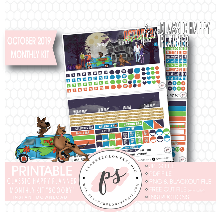 Scooby Halloween October 2019 Halloween Monthly View Kit Printable Planner Stickers (for use with Classic Happy Planner) - Plannerologystudio