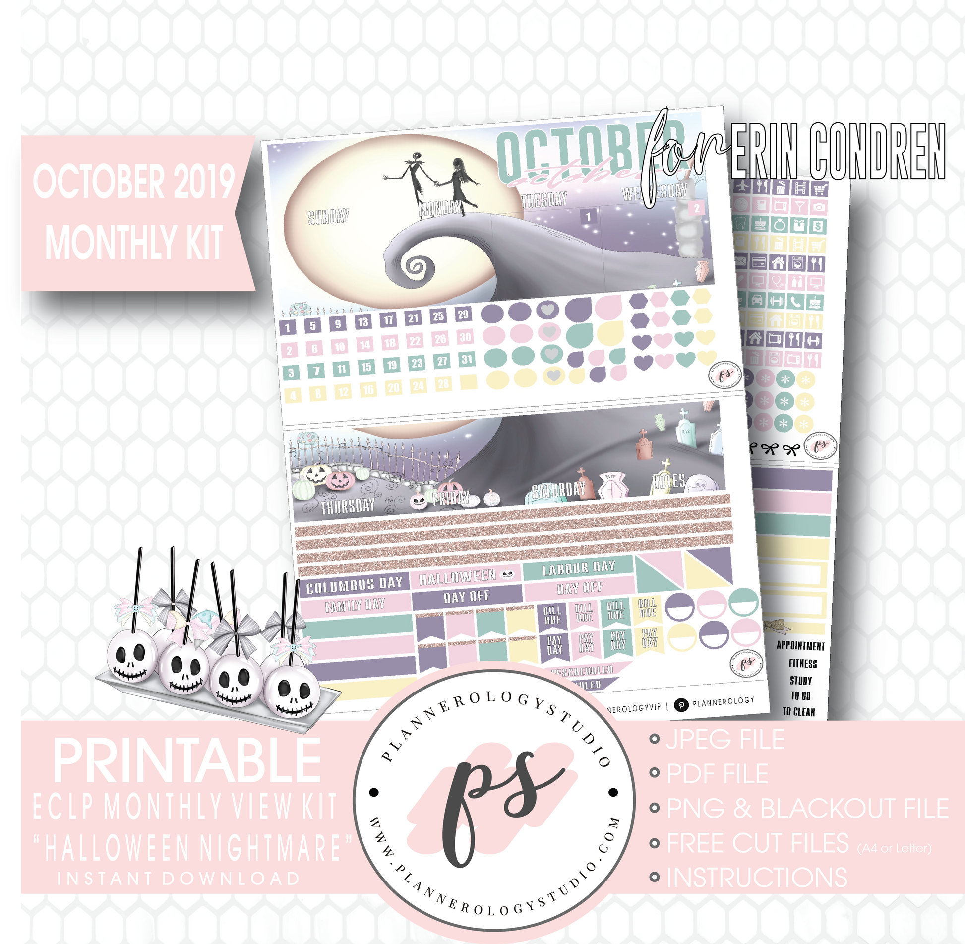 Halloween Nightmare October 2019 Halloween Monthly View Kit Printable Planner Stickers (for use with Erin Condren) - Plannerologystudio