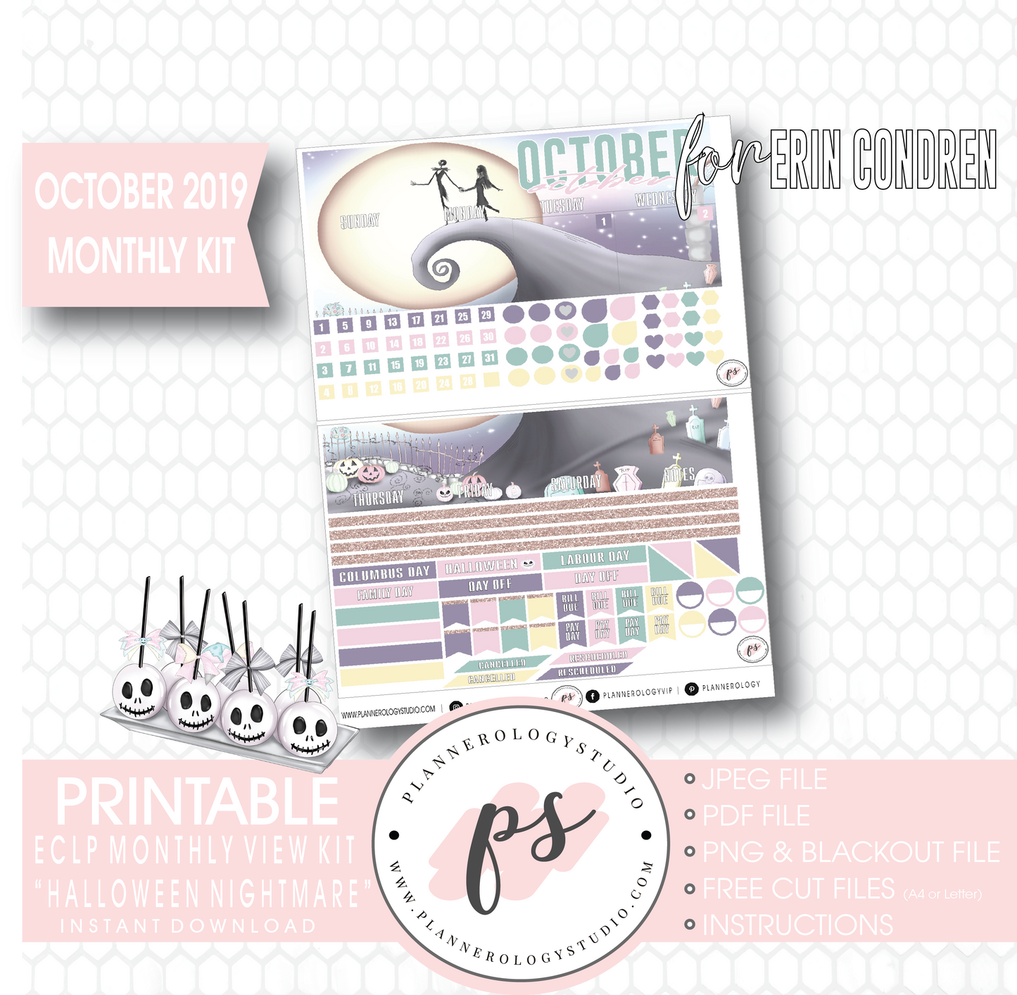 Halloween Nightmare October 2019 Halloween Monthly View Kit Printable Planner Stickers (for use with Erin Condren) - Plannerologystudio