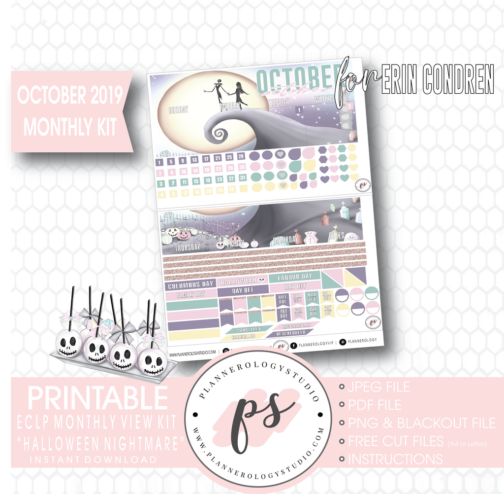 Halloween Nightmare October 2019 Halloween Monthly View Kit Printable Planner Stickers (for use with Erin Condren) - Plannerologystudio