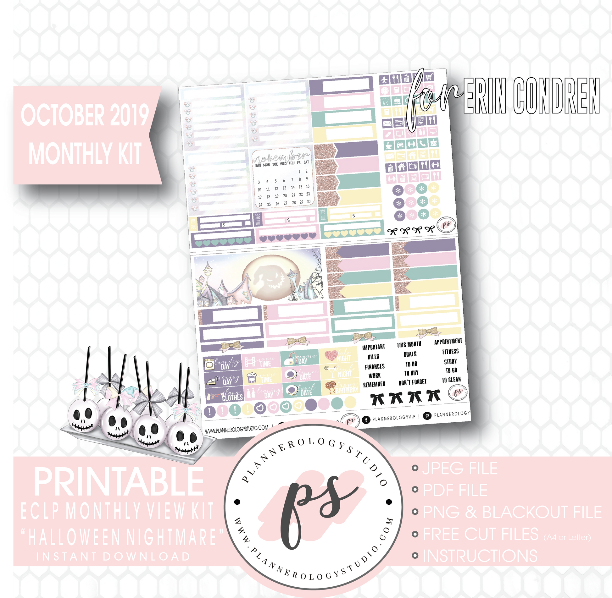 Halloween Nightmare October 2019 Halloween Monthly View Kit Printable Planner Stickers (for use with Erin Condren) - Plannerologystudio