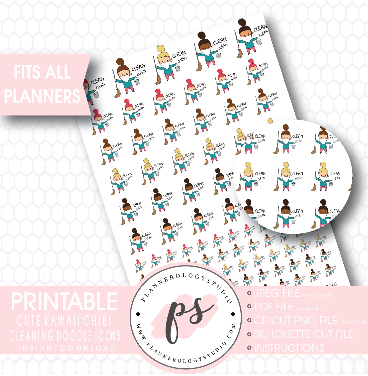 Kawaii Cute Handrawn Doodle Chibi Girl To Clean Cleaning Icon Printable Planner Stickers - Plannerologystudio