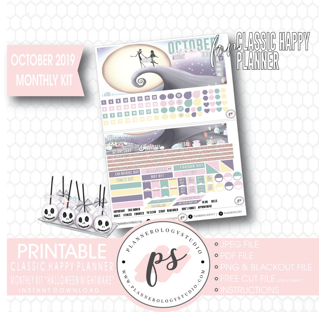 Halloween Nightmare October 2019 Halloween Monthly View Kit Printable Planner Stickers (for use with Classic Happy Planner) - Plannerologystudio