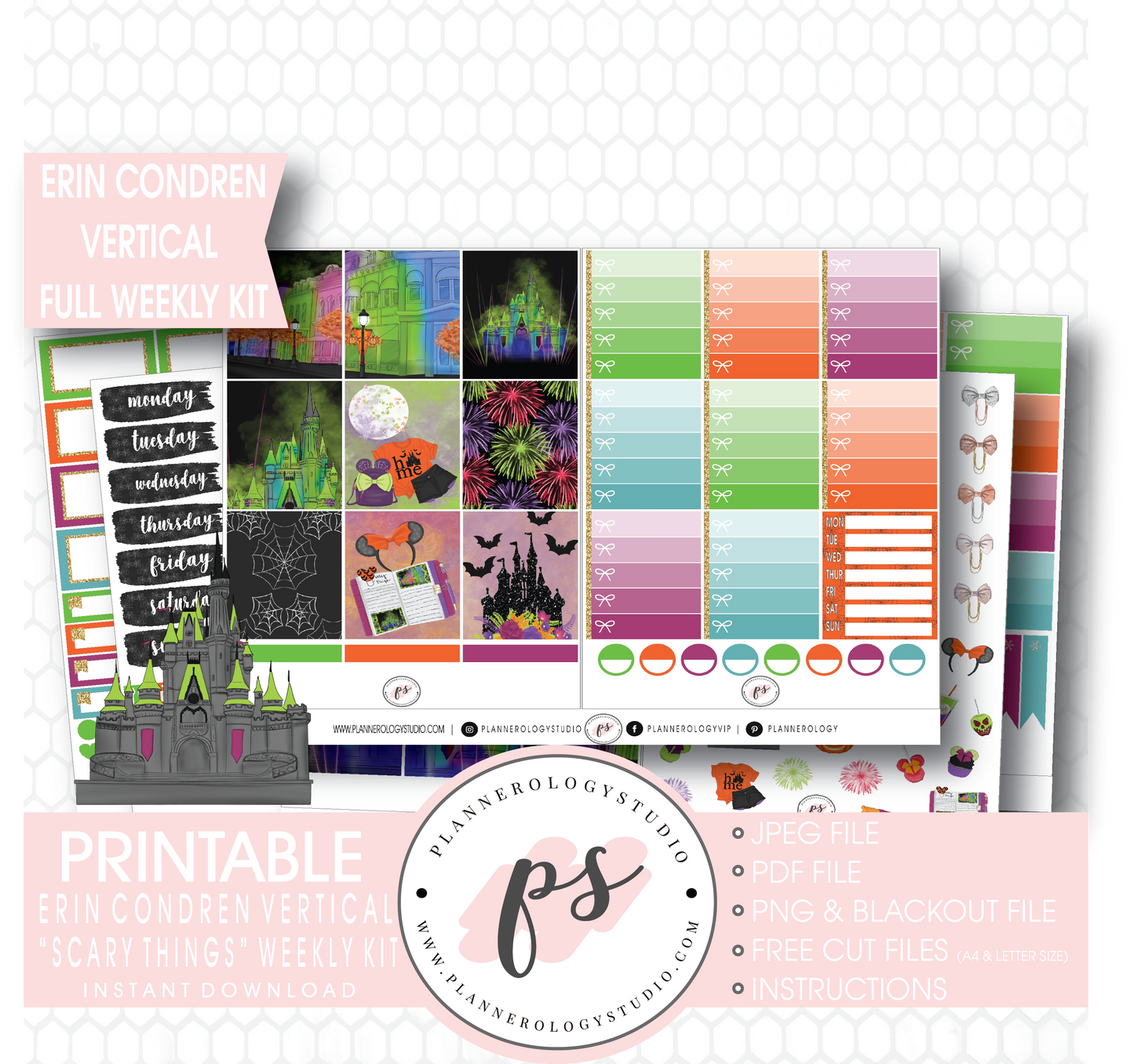 Scary Things Halloween Full Weekly Kit Printable Planner Digital Stickers (for use with Erin Condren Vertical) - Plannerologystudio
