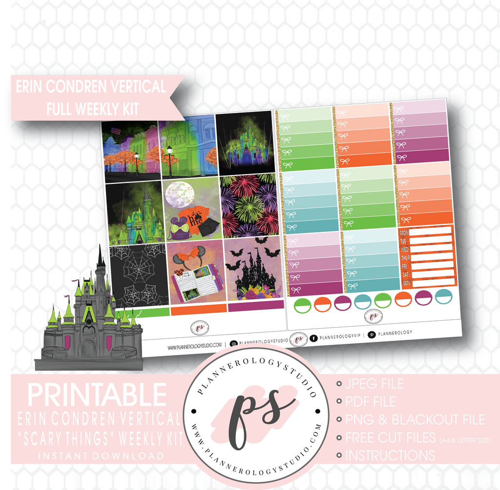 Scary Things Halloween Full Weekly Kit Printable Planner Digital Stickers (for use with Erin Condren Vertical) - Plannerologystudio