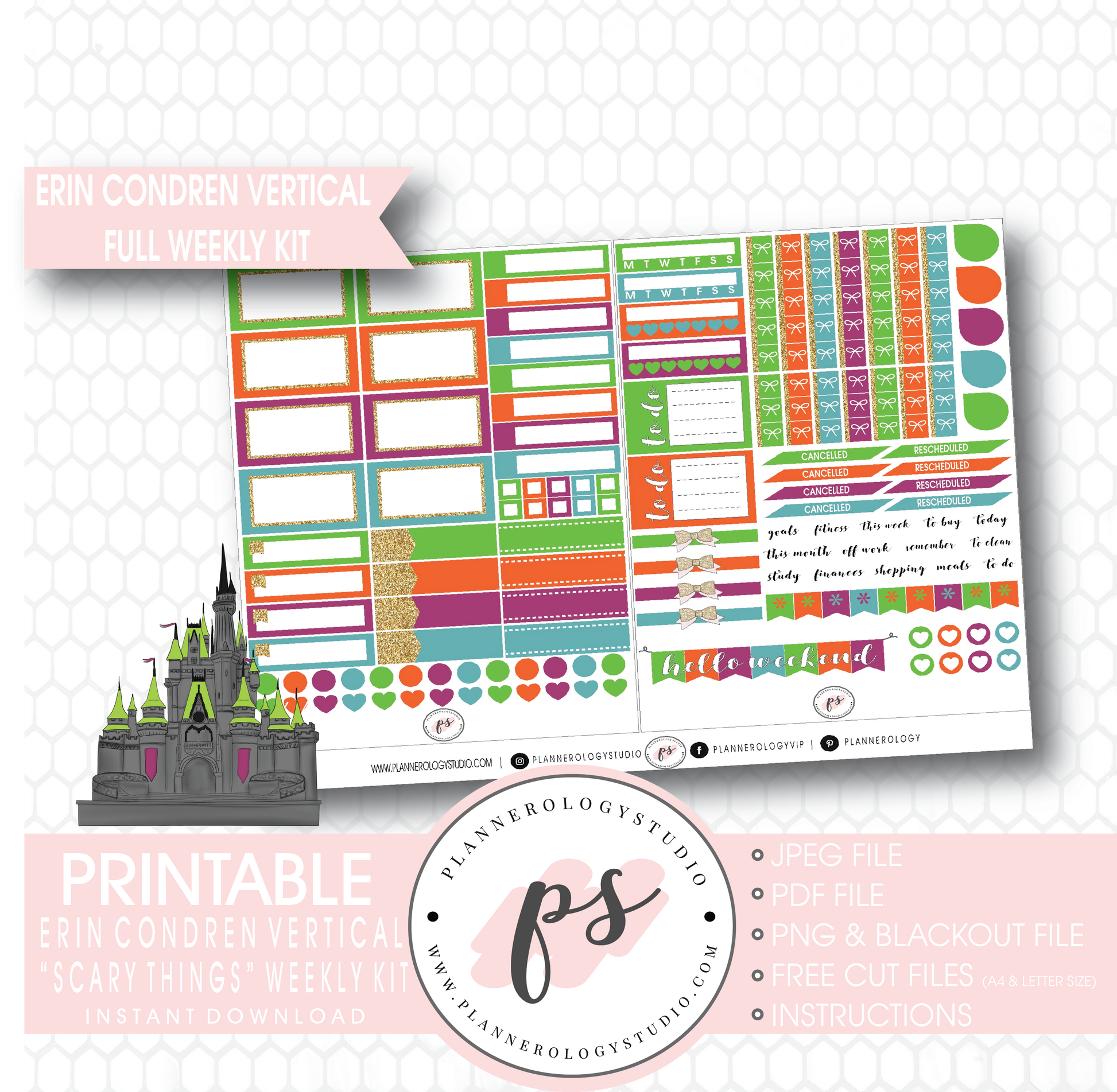Scary Things Halloween Full Weekly Kit Printable Planner Digital Stickers (for use with Erin Condren Vertical) - Plannerologystudio