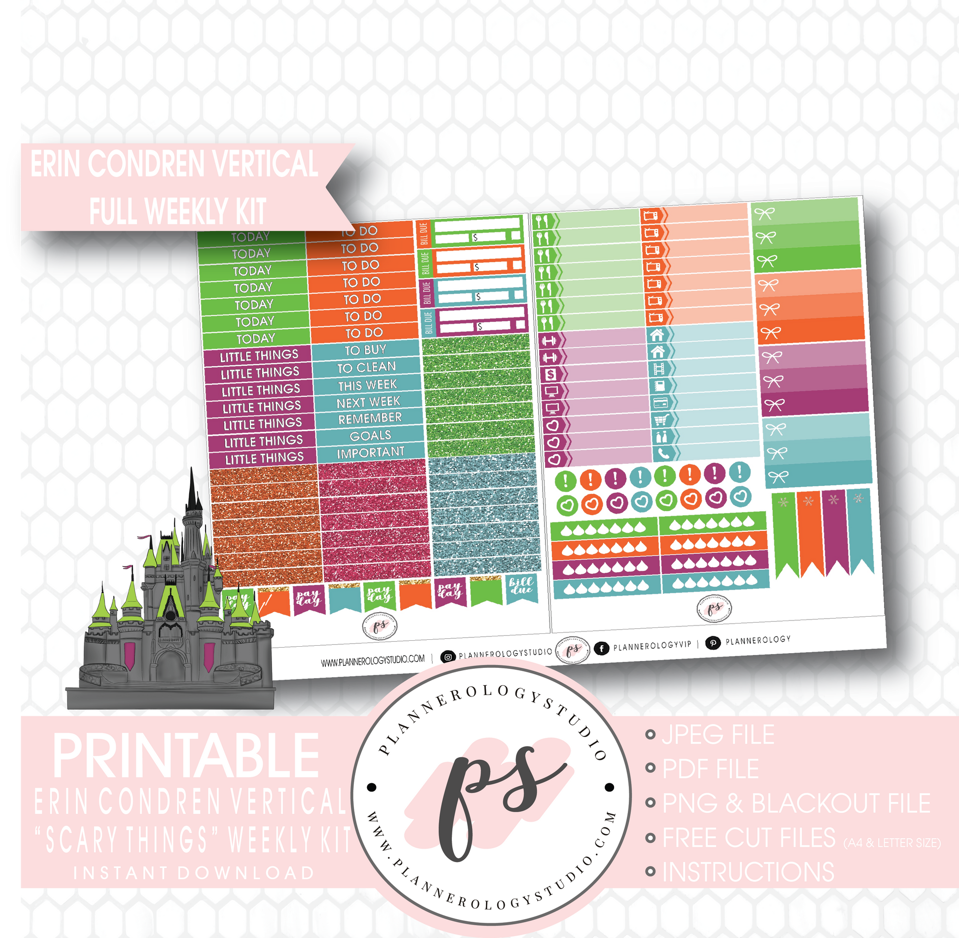Scary Things Halloween Full Weekly Kit Printable Planner Digital Stickers (for use with Erin Condren Vertical) - Plannerologystudio