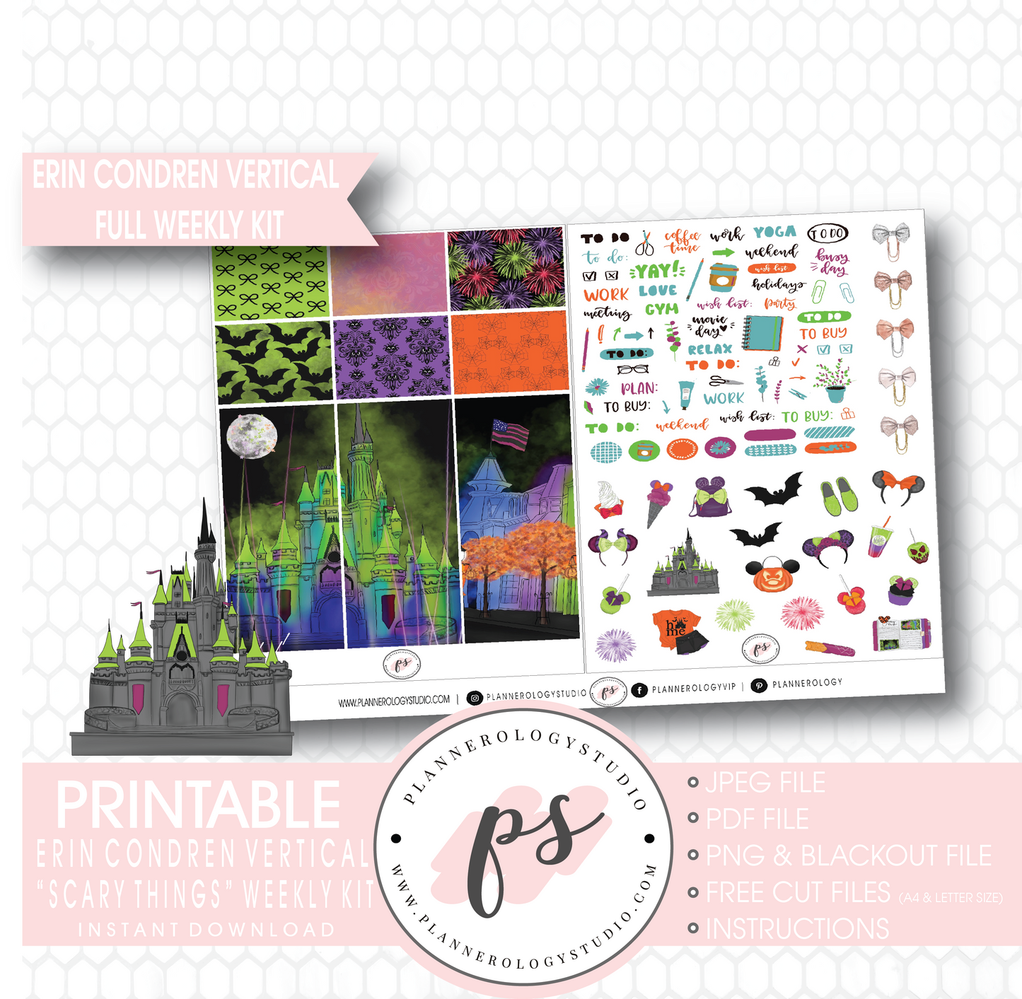 Scary Things Halloween Full Weekly Kit Printable Planner Digital Stickers (for use with Erin Condren Vertical) - Plannerologystudio