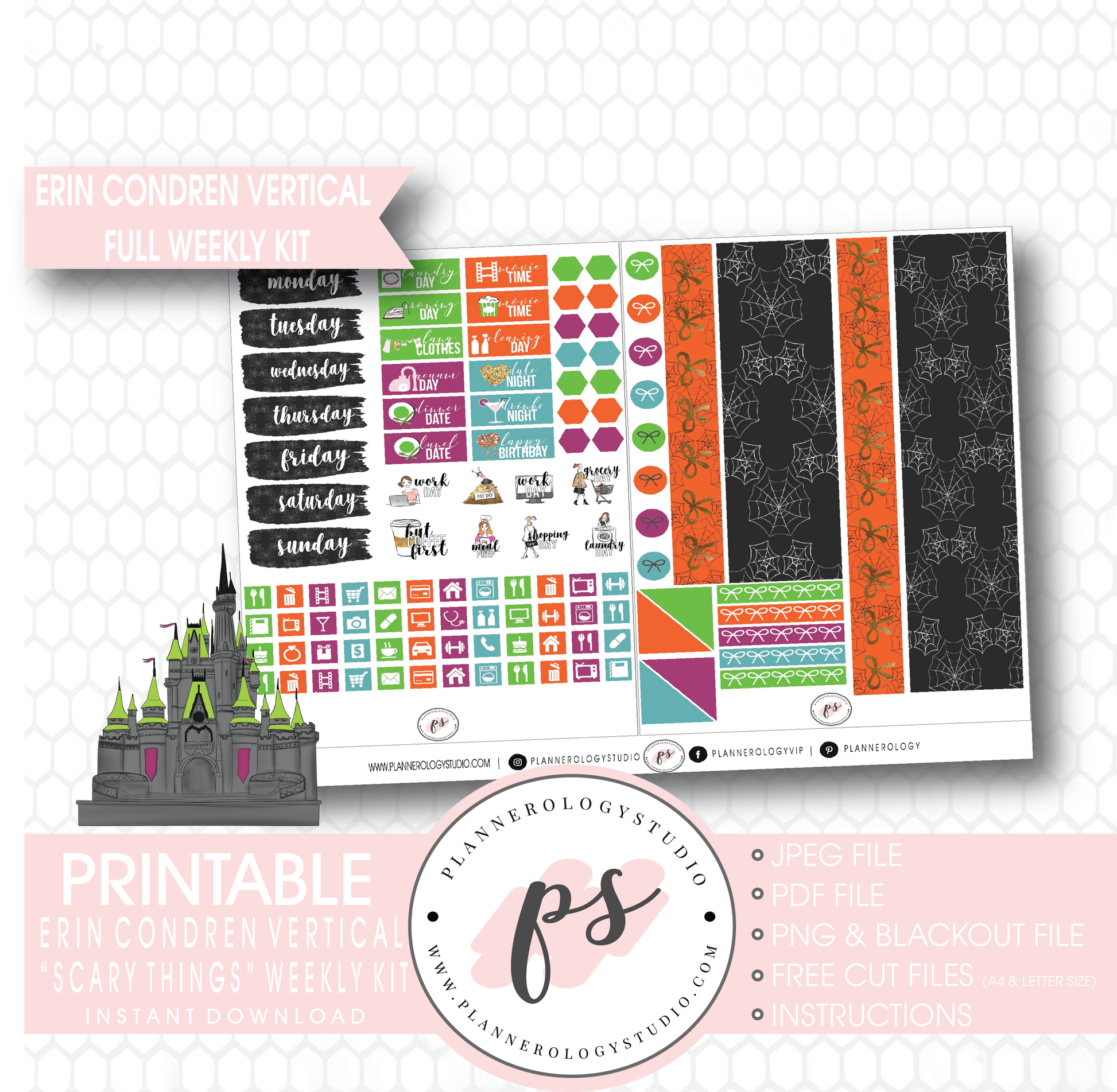 Scary Things Halloween Full Weekly Kit Printable Planner Digital Stickers (for use with Erin Condren Vertical) - Plannerologystudio