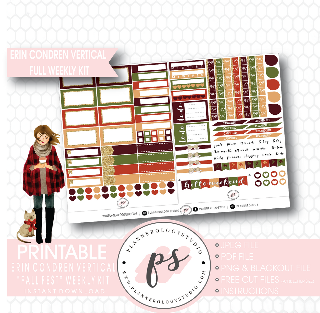 Fall Fest Full Weekly Kit Printable Planner Digital Stickers (for use with Erin Condren Vertical) - Plannerologystudio