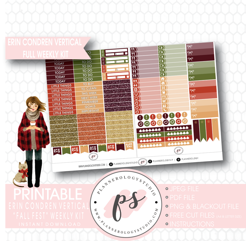 Fall Fest Full Weekly Kit Printable Planner Digital Stickers (for use with Erin Condren Vertical) - Plannerologystudio
