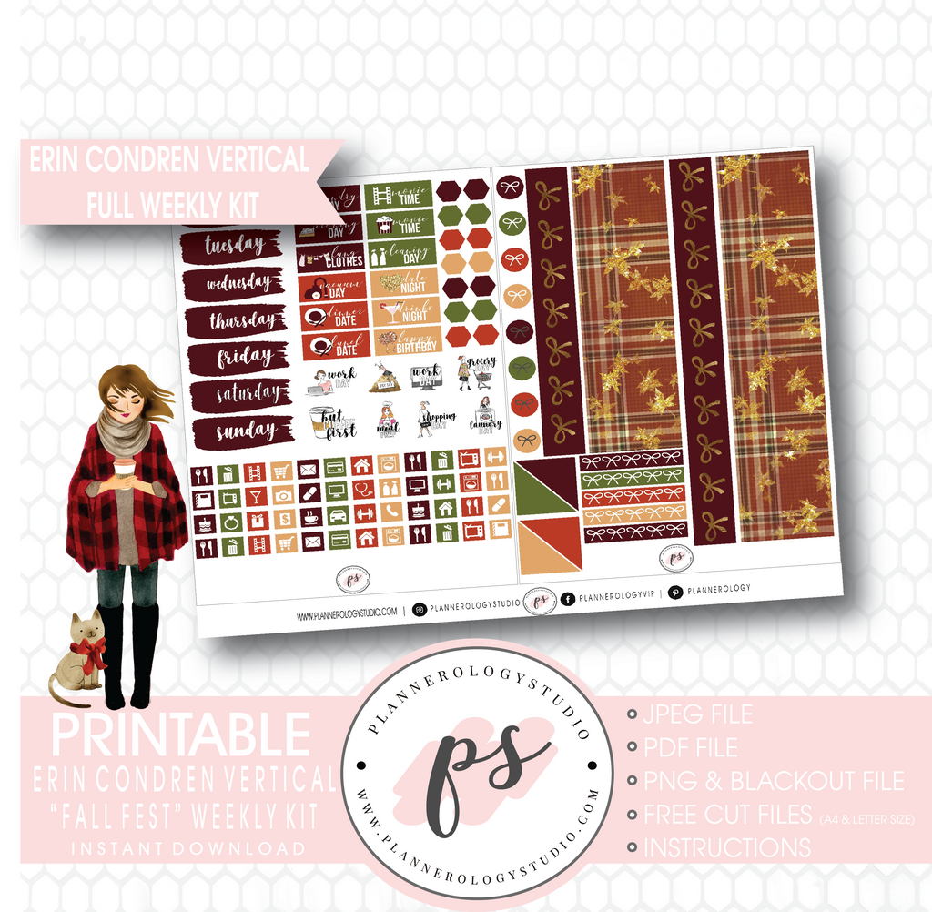 Fall Fest Full Weekly Kit Printable Planner Digital Stickers (for use with Erin Condren Vertical) - Plannerologystudio