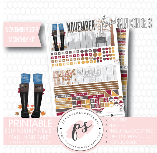 Fall in the Park November 2019 Monthly View Kit Digital Printable Planner Stickers (for use with Erin Condren) - Plannerologystudio