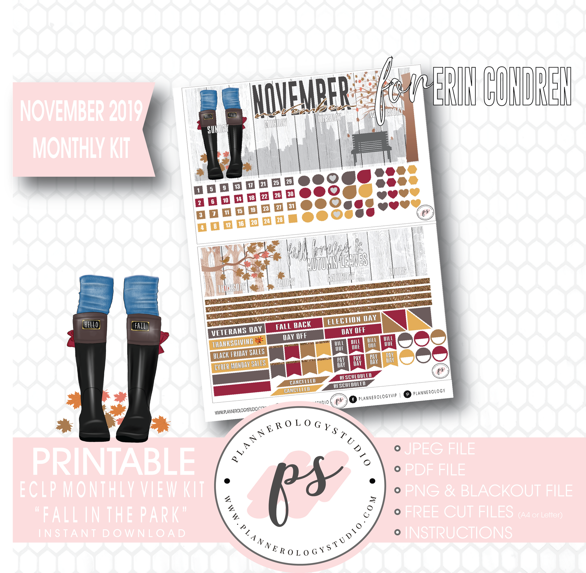 Fall in the Park November 2019 Monthly View Kit Digital Printable Planner Stickers (for use with Erin Condren) - Plannerologystudio