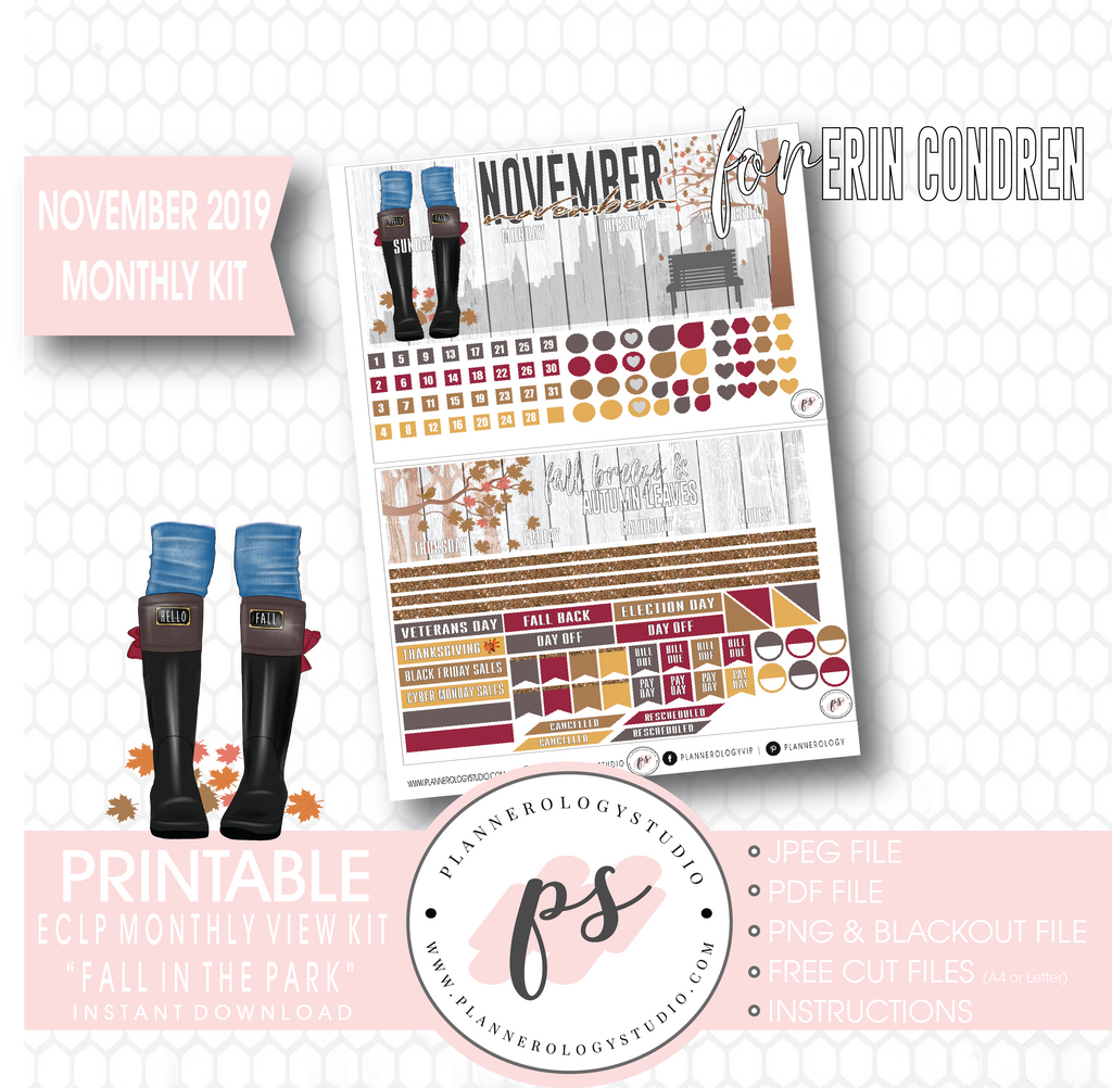 Fall in the Park November 2019 Monthly View Kit Digital Printable Planner Stickers (for use with Erin Condren) - Plannerologystudio