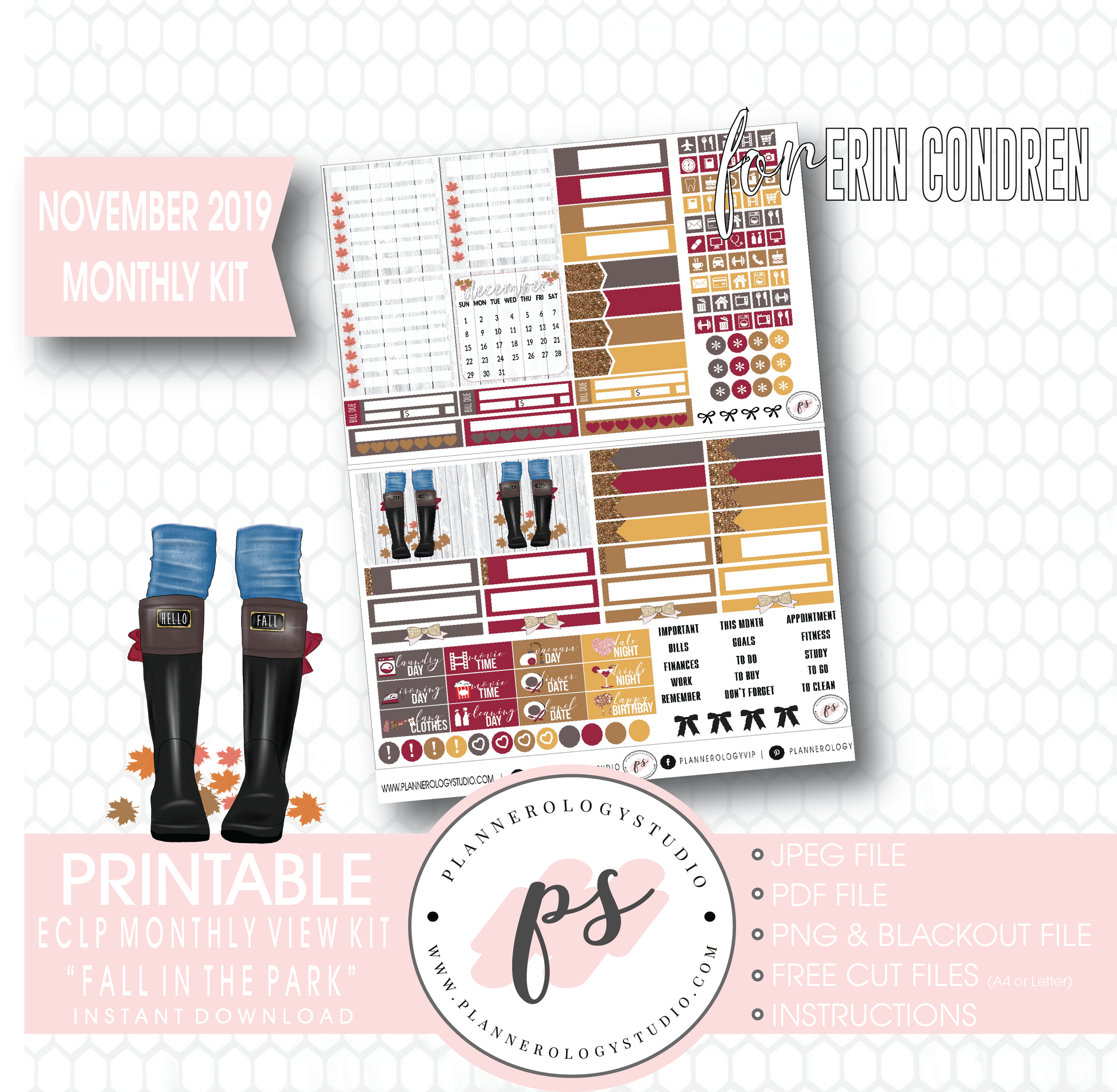 Fall in the Park November 2019 Monthly View Kit Digital Printable Planner Stickers (for use with Erin Condren) - Plannerologystudio
