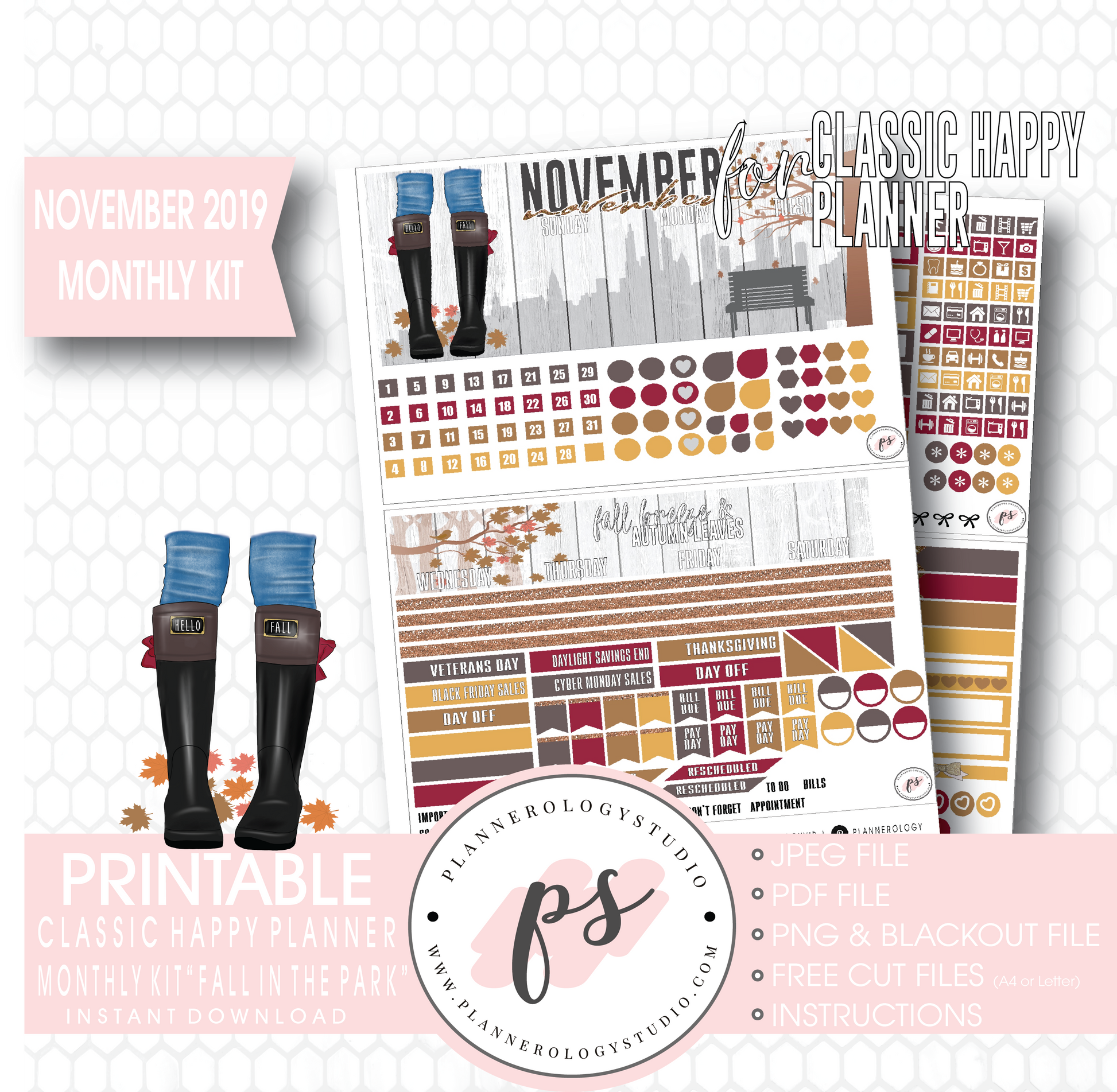 Fall in the Park November 2019 Monthly View Kit Digital Printable Planner Stickers (for use with Classic Happy Planner) - Plannerologystudio
