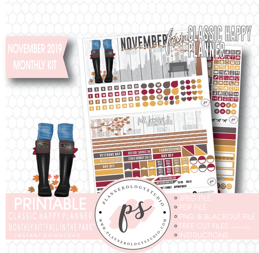 Fall in the Park November 2019 Monthly View Kit Digital Printable Planner Stickers (for use with Classic Happy Planner) - Plannerologystudio