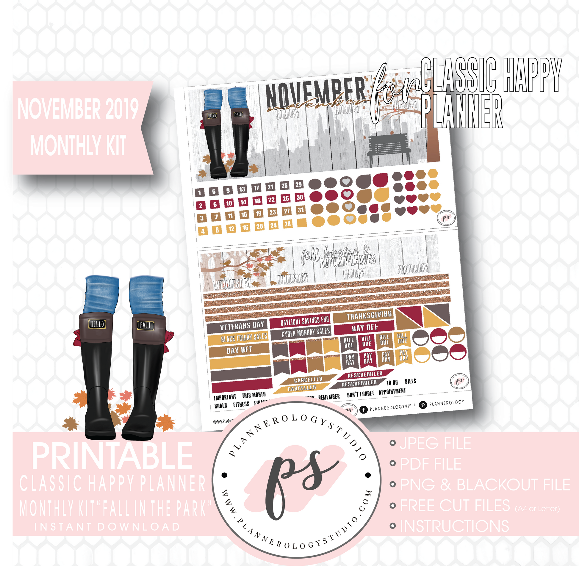 Fall in the Park November 2019 Monthly View Kit Digital Printable Planner Stickers (for use with Classic Happy Planner) - Plannerologystudio