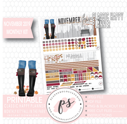 Fall in the Park November 2019 Monthly View Kit Digital Printable Planner Stickers (for use with Classic Happy Planner) - Plannerologystudio