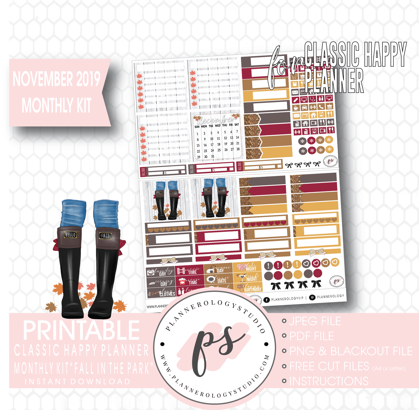 Fall in the Park November 2019 Monthly View Kit Digital Printable Planner Stickers (for use with Classic Happy Planner) - Plannerologystudio