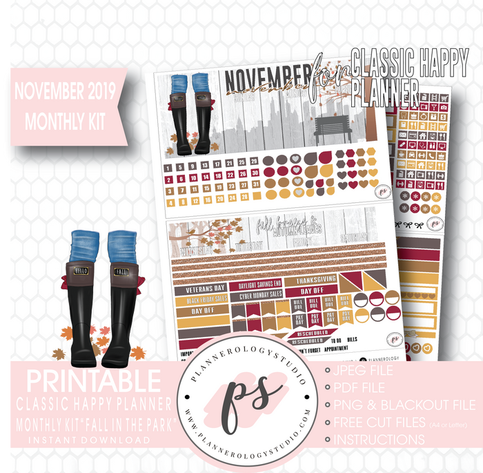 Fall in the Park November 2019 Monthly View Kit Digital Printable Planner Stickers (for use with Classic Happy Planner) - Plannerologystudio
