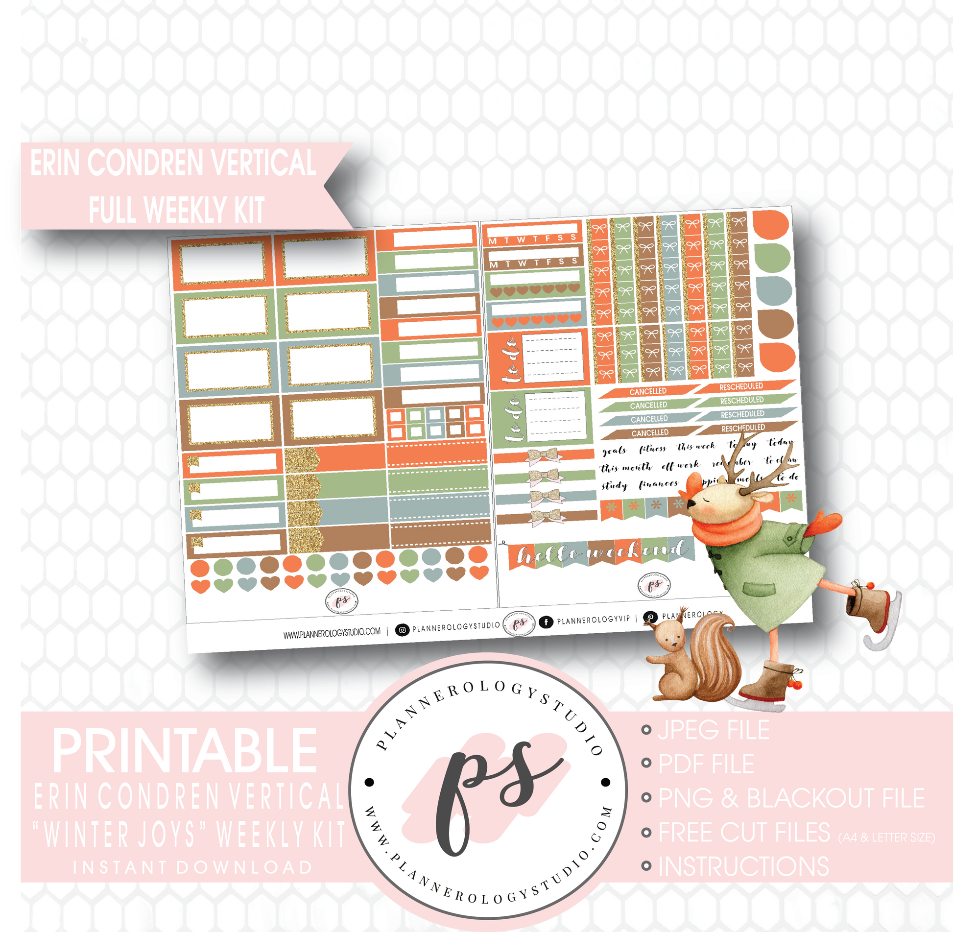 Winter Joys Full Weekly Kit Printable Planner Digital Stickers (for use with Erin Condren Vertical) - Plannerologystudio