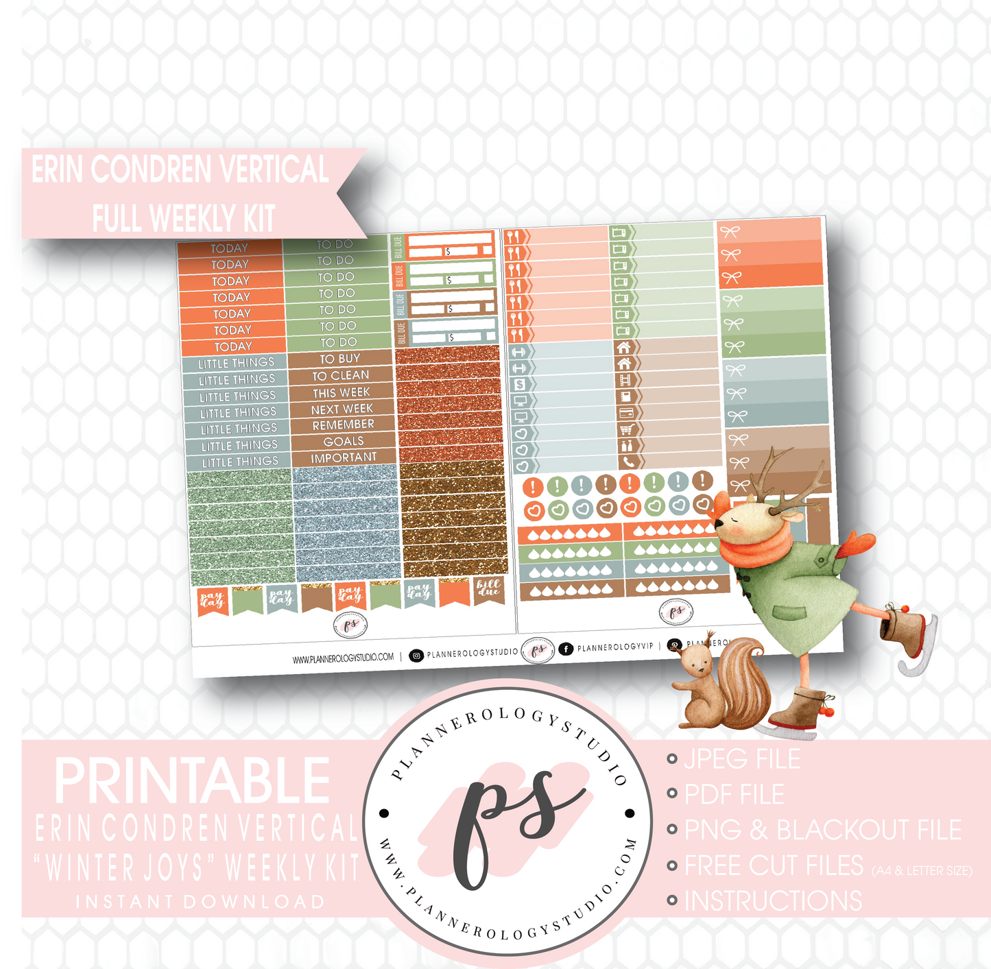 Winter Joys Full Weekly Kit Printable Planner Digital Stickers (for use with Erin Condren Vertical) - Plannerologystudio