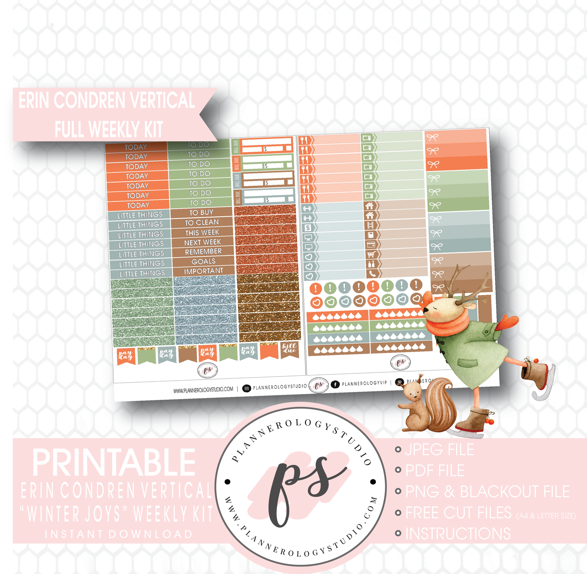 Winter Joys Full Weekly Kit Printable Planner Digital Stickers (for use with Erin Condren Vertical) - Plannerologystudio