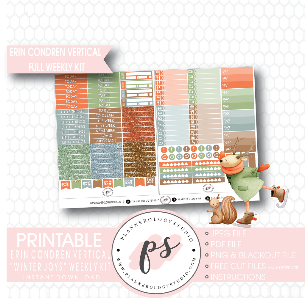 Winter Joys Full Weekly Kit Printable Planner Digital Stickers (for use with Erin Condren Vertical) - Plannerologystudio